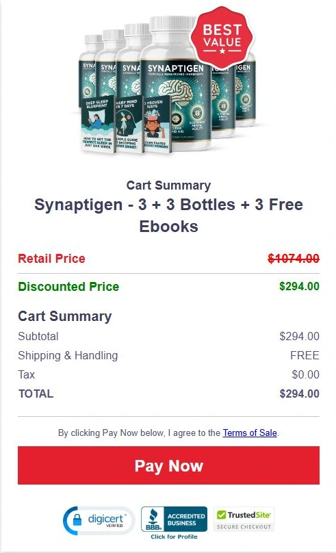 Illustrative Synaptigen six-bottle checkout with three digital guides