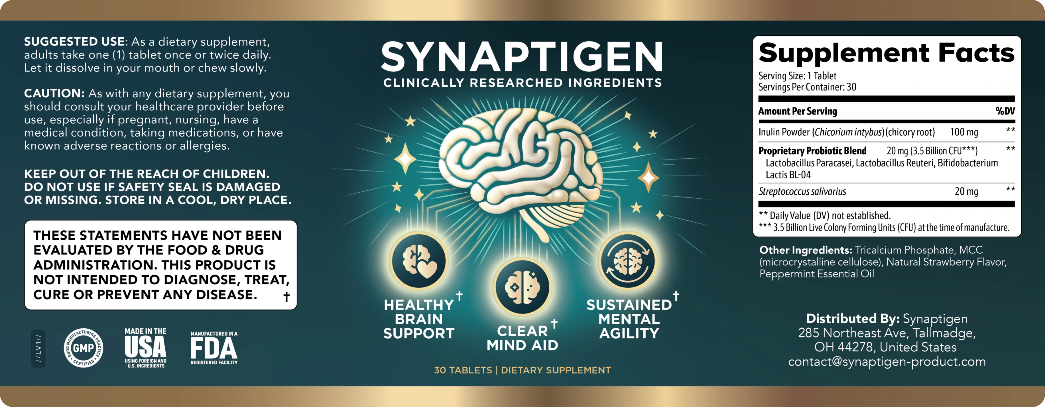 Complete Synaptigen Supplement Facts and label directions
